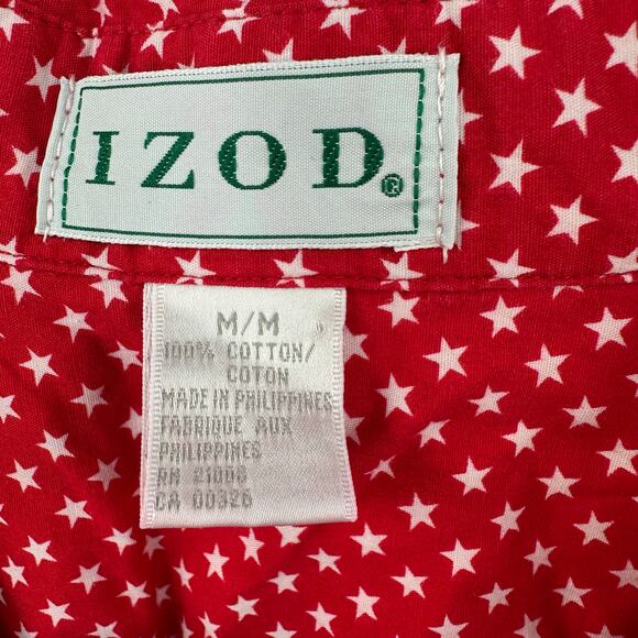 IZOD Size Medium Button Up Long‎ Sleeve Red White Star Pattern Shirt 100% Cotton - Picture 4 of 4